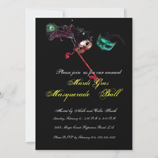 MARDI GRAS MASQUERADE BALL, Black rsvp Kaart (Achterkant)