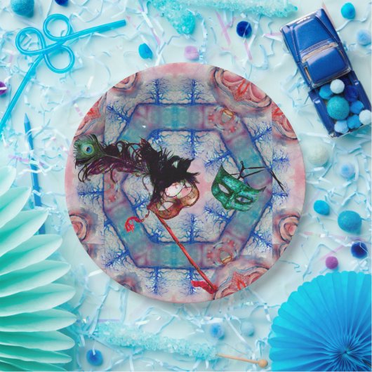 MARDI GRAS MASQUERADE BALL MASK blauw roze paars Papieren Bordje (Feest)