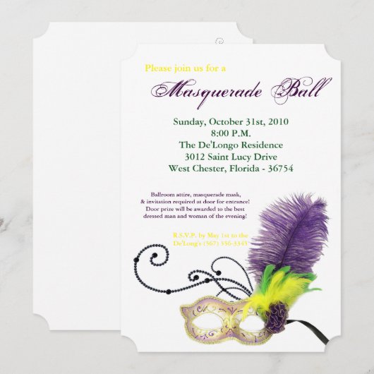 Mardi Gras Masquerade Ball Mask Kostuum Halloween Kaart (Voorkant / Achterkant)