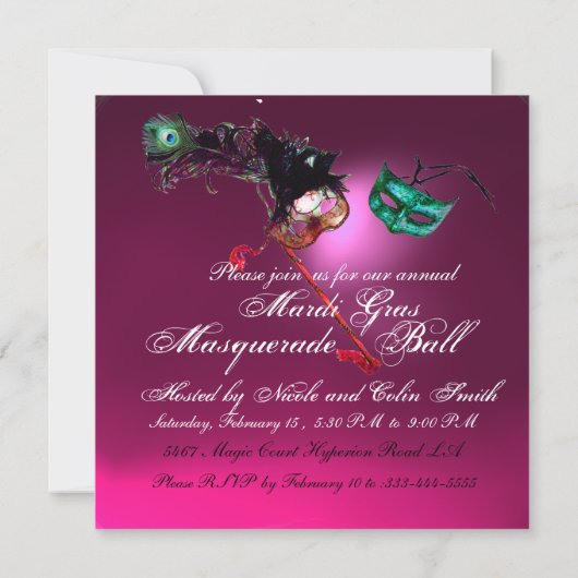 MARDI GRAS MASQUERADE BALL paars roze fuchsia Kaart (Achterkant)