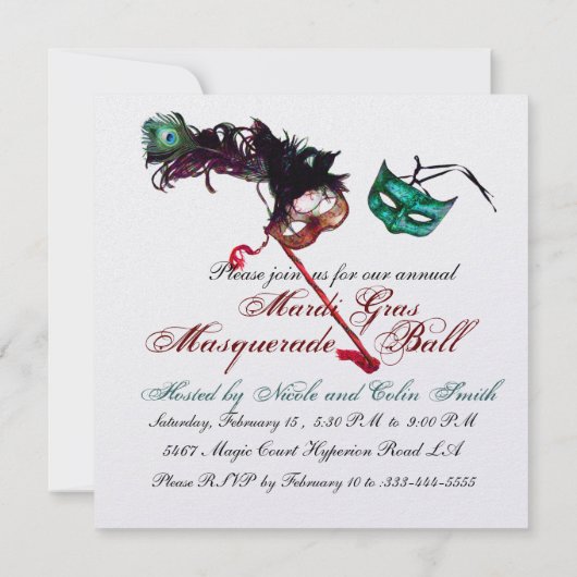 MARDI GRAS MASQUERADE BALL Red Green Feathermasker Kaart (Achterkant)