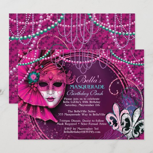 Mardi Gras Masquerade Birthday Party Kaart (Voorkant / Achterkant)