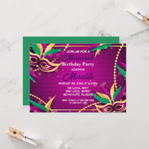 Mardi Gras Masquerade Birthday Party Uitnodiging