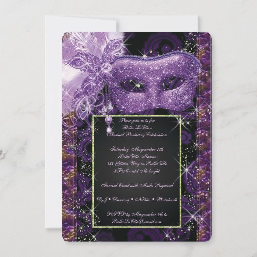 Mardi Gras Masquerade Birthday Party Uitnodiging (Achterkant)