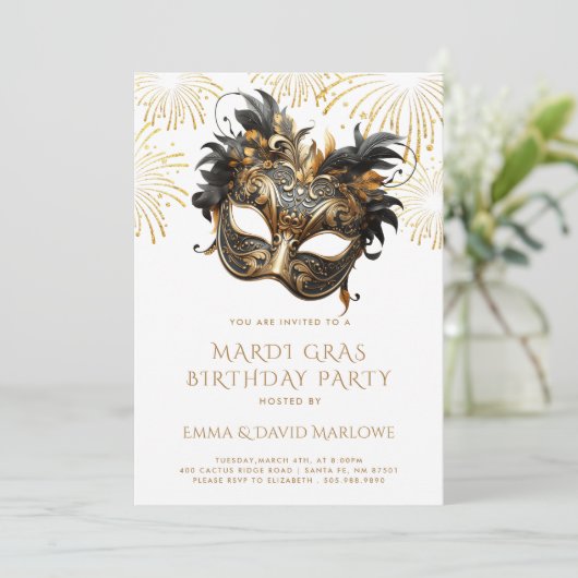 Mardi Gras Masquerade Birthday Party Uitnodiging (Staand voorkant)
