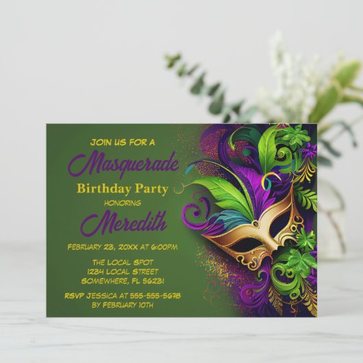 Mardi Gras Masquerade Birthday Party Uitnodiging (Staand voorkant)