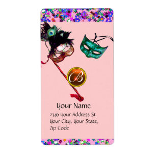 MARDI GRAS MASQUERADE Confetti monogram paars Etiket