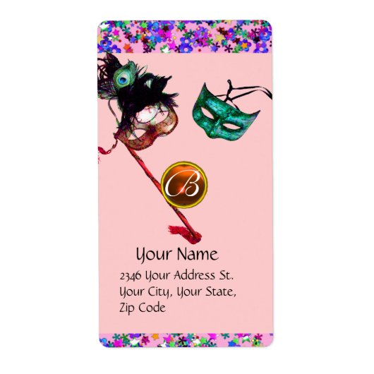 MARDI GRAS MASQUERADE Confetti monogram paars Etiket (Voorkant)