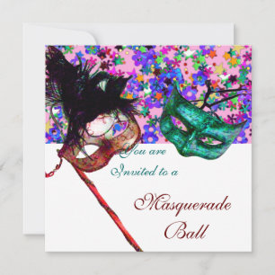 MARDI GRAS MASQUERADE & CONFETTI wit roze blauw Kaart