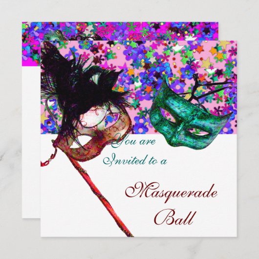 MARDI GRAS MASQUERADE en CONFETTI wit roze blauw Kaart (Voorkant / Achterkant)