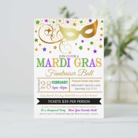 Mardi Gras Masquerade Event Invite Kaart (Staand voorkant)