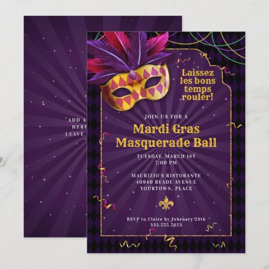 Mardi Gras Masquerade, Fat Dinsdag Party Kaart (Voorkant / Achterkant)