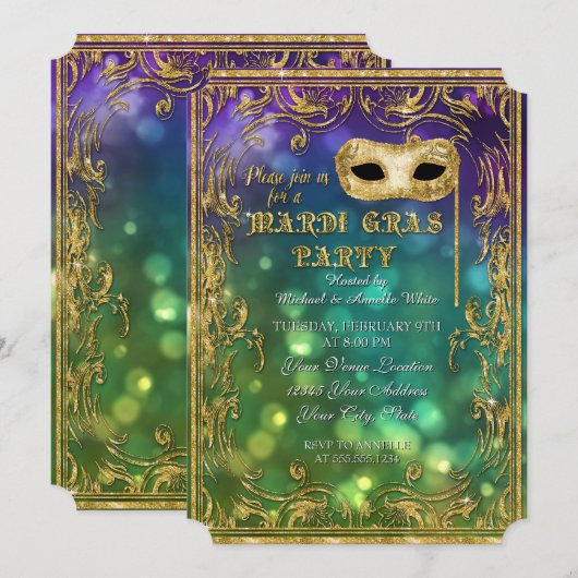 Mardi Gras Masquerade Mask Bokeh Gold Glitter Kaart (Voorkant / Achterkant)