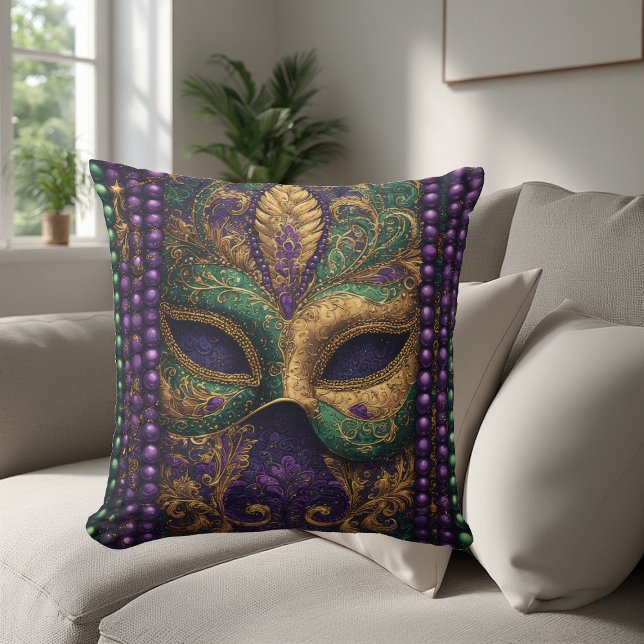 Mardi gras Masquerade Mask Gold Bead Fleur-de-Lis Kussen (Mardi gras Masquerade Mask Gold Bead Fleur-de-Lis Throw Pillow)