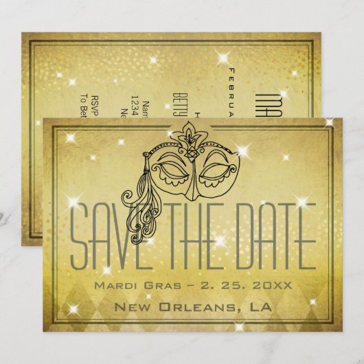 Mardi Gras Masquerade Mask Gold Save the Date Kaart (Voorkant / Achterkant)