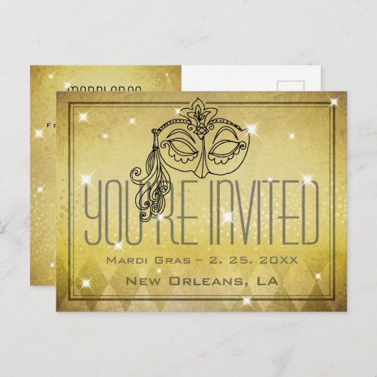 Mardi Gras Masquerade Mask Gold Uitnodiging (Voorkant / Achterkant)