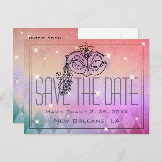 Mardi Gras Masquerade Mask Paars Save the Date Briefkaart (Voorkant / Achterkant)