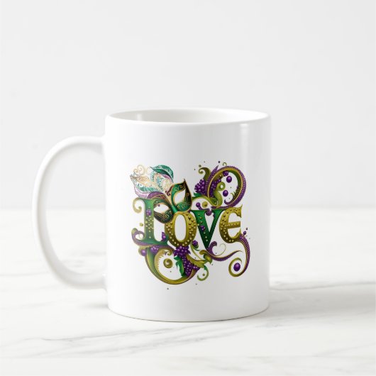 Mardi Gras Masquerade Mask Word LOVE Celebration Koffiemok (Links)