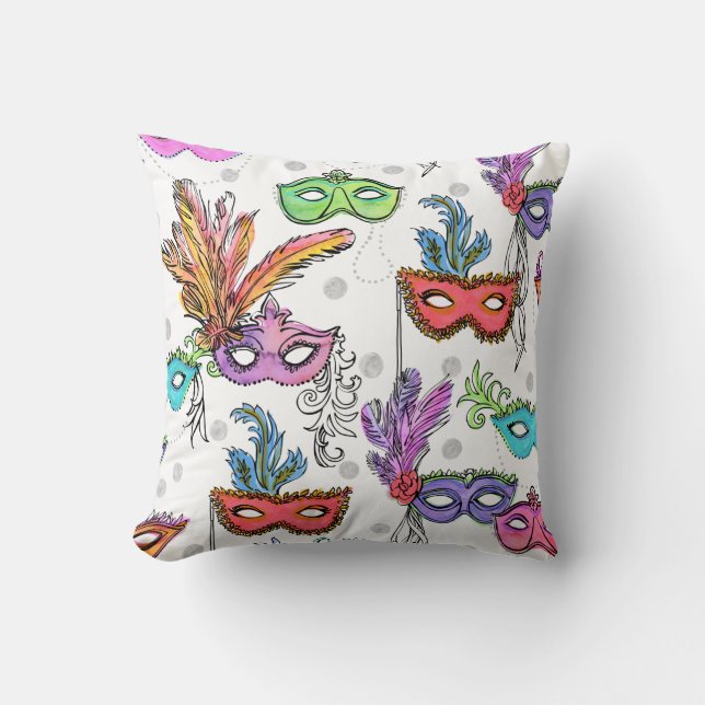 Mardi Gras Masquerade maskeert heldere Waterverf Kussen (Voorkant)
