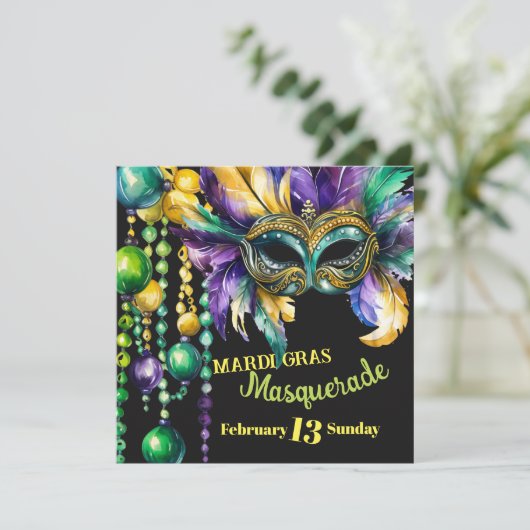 Mardi Gras Masquerade Masker en Kralen Partij Kaart (Staand voorkant)