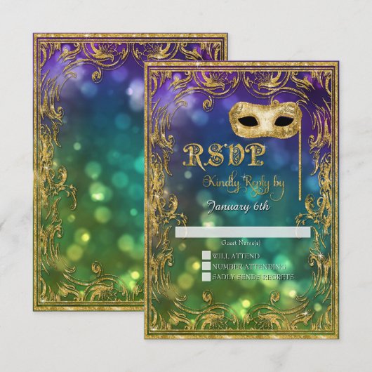 Mardi Gras Masquerade Masker Gold Glitter RSVP (Voorkant / Achterkant)
