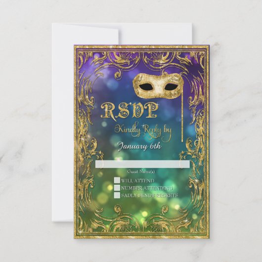 Mardi Gras Masquerade Masker Gold Glitter RSVP Kaartje (Voorkant)
