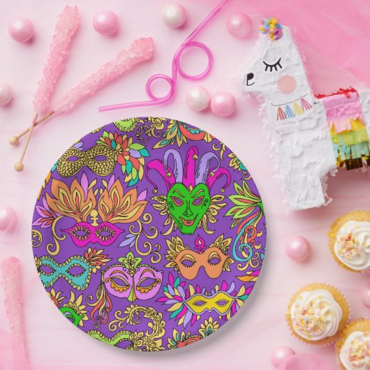 Mardi Gras Masquerade Masker Helder Paarse Groen Papieren Bordje (Feest)