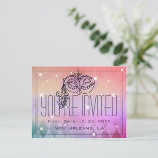 Mardi Gras Masquerade Masker Paarse uitnodiging (Staand voorkant)