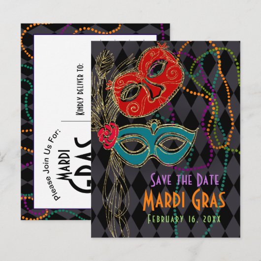 Mardi Gras Masquerade Maskers Black Harlequin Uitnodiging Briefkaart (Voorkant / Achterkant)