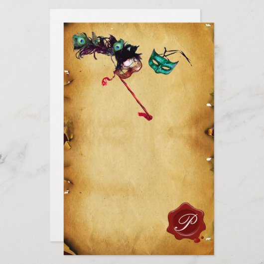 MARDI GRAS MASQUERADE Parchment Wax Seal Monogram Briefpapier (Voorkant / Achterkant)