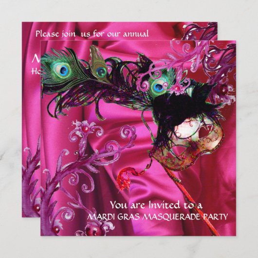 MARDI GRAS MASQUERADE PARTIJ, FUCHSIA SILK CLOTH KAART (Voorkant / Achterkant)