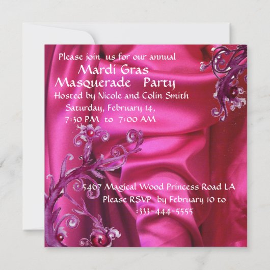 MARDI GRAS MASQUERADE PARTIJ, FUCHSIA SILK CLOTH KAART (Achterkant)