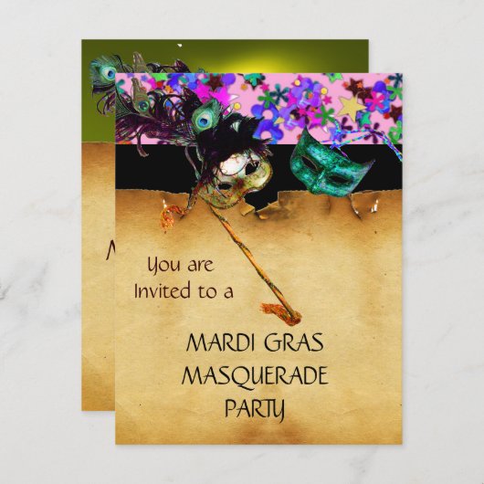 MARDI GRAS MASQUERADE PARTIJ, Geel confetti Kaart (Voorkant / Achterkant)