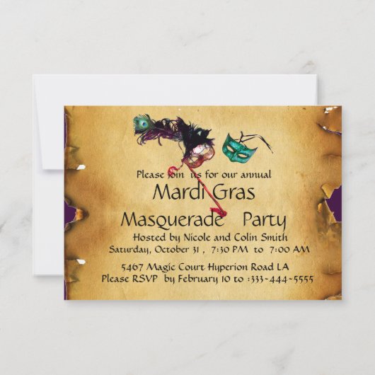 MARDI GRAS MASQUERADE PARTIJ, parchment rsvp Kaart (Achterkant)