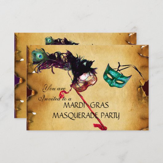 MARDI GRAS MASQUERADE PARTIJ, parchment rsvp Kaart (Voorkant / Achterkant)