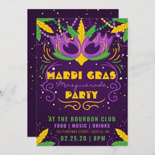 Mardi Gras Masquerade Party Kaart (Voorkant / Achterkant)