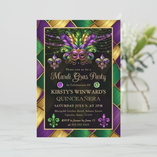 Mardi Gras Masquerade Quinceanera Kaart (Staand voorkant)