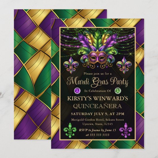 Mardi Gras Masquerade Quinceanera Kaart (Voorkant / Achterkant)