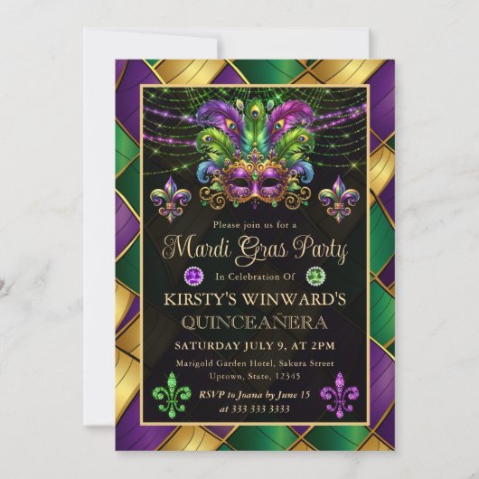 Mardi Gras Masquerade Quinceanera Kaart (Voorkant)