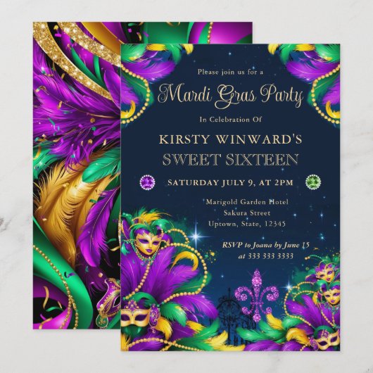Mardi Gras Masquerade Sweet Sixteen Kaart (Voorkant / Achterkant)