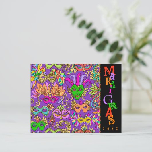 Mardi Gras Masqurade Maskers Kleurrijke Typografie Briefkaart (Staand voorkant)