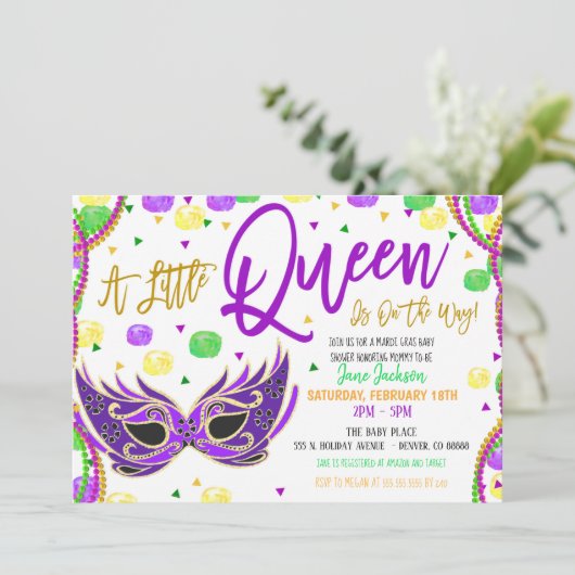 Mardi Gras Meisje Baby Shower Uitnodiging (Staand voorkant)