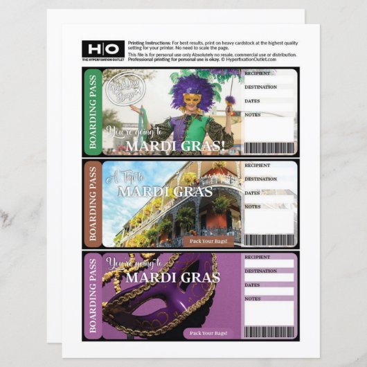 Mardi Gras Mock Ticket voor reizen en evenementen (Voorkant / Achterkant)