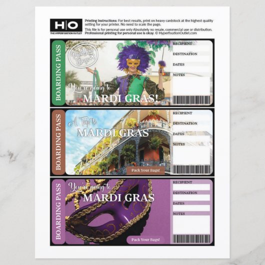 Mardi Gras Mock Ticket voor reizen en evenementen (Voorkant)