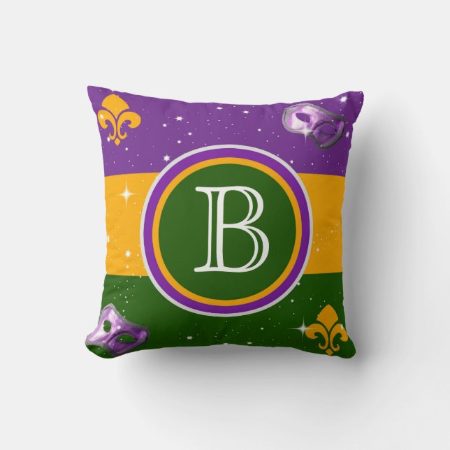 Mardi Gras Monogram Pillow met masker en fleur de  Kussen (Voorkant)