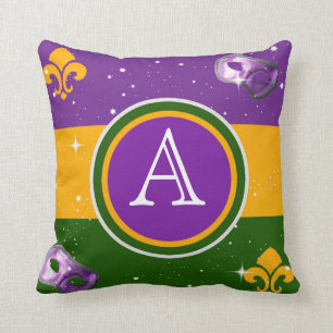 Mardi Gras Monogram Pillow met masker en fleur de Kussen