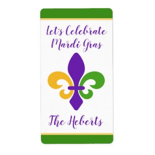 Mardi Gras NAAM Groen Goud Paars Fleur de Lis Etiket