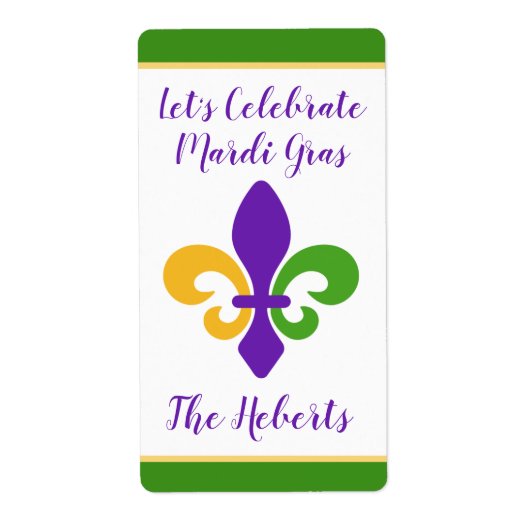 Mardi Gras NAME Green Gold Purple Fleur de Lis Etiket (Voorkant)