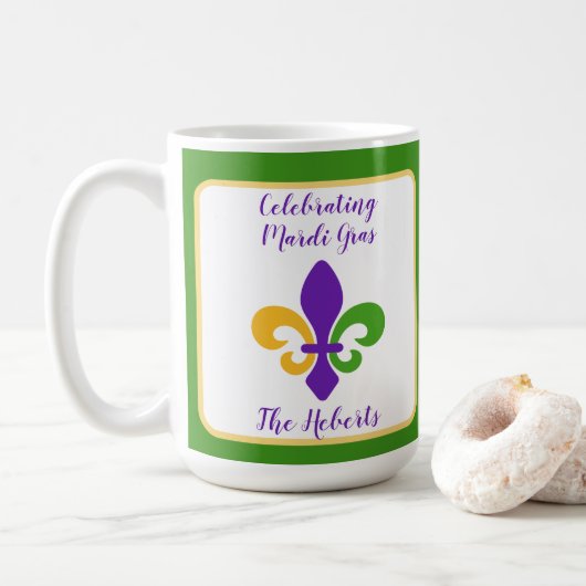 Mardi Gras NAME Green Gold Purple Fleur de Lis Koffiemok (Met donut)