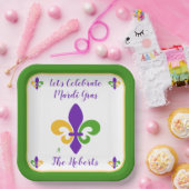 Mardi Gras NAME Green Gold Purple Fleur de Lis Papieren Bordje (Feest)